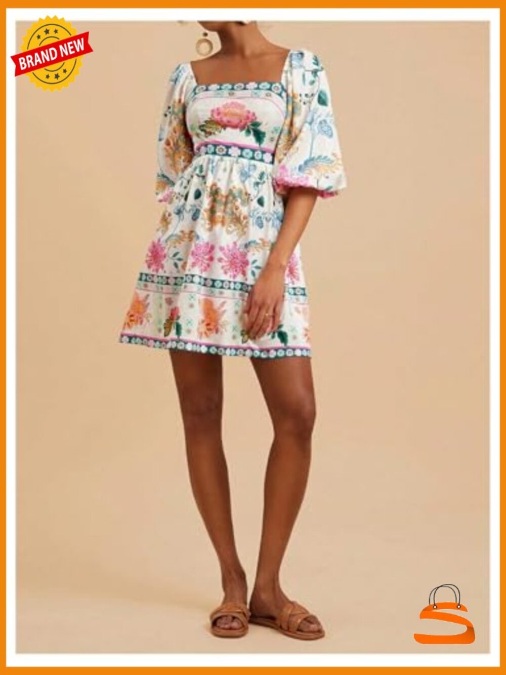 Floral Print Square Neck Puff Sleeve A-Line Swing Dress 3/4 Length - Picture 5 of 5